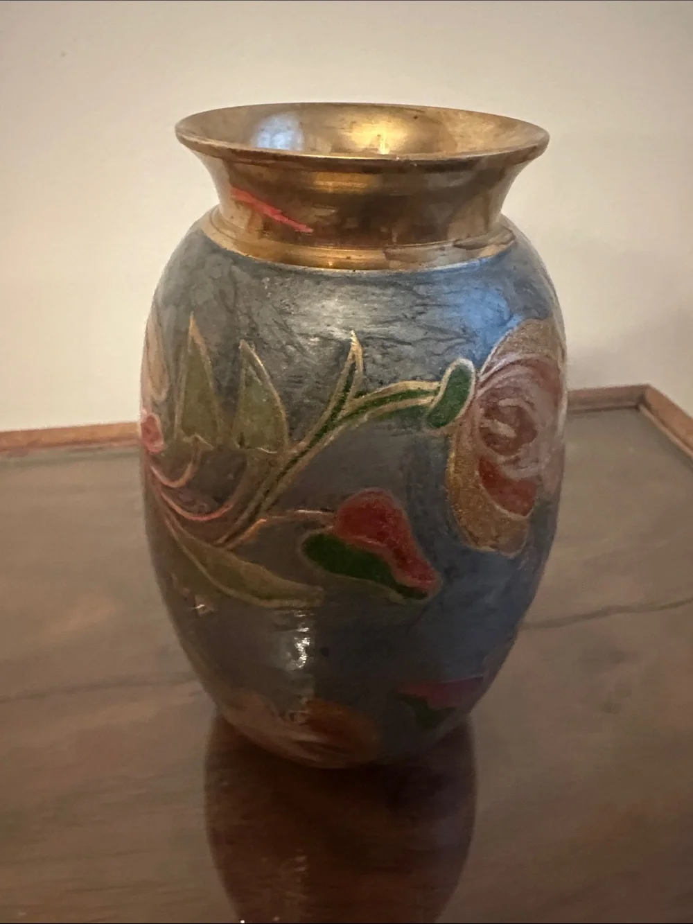 Vintage India Brass-Enamel Floral Vase in Blue and Gold